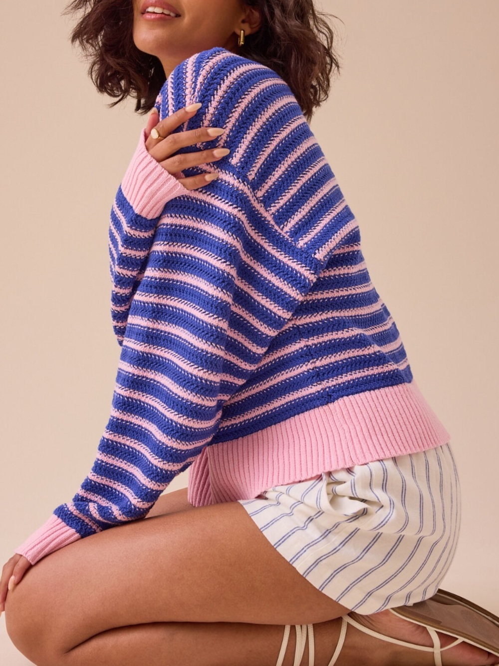 Altar'd State Blue and Pink Striped Knit Sweater